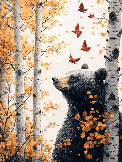 "Black Bear with Aspen and Red Birds"