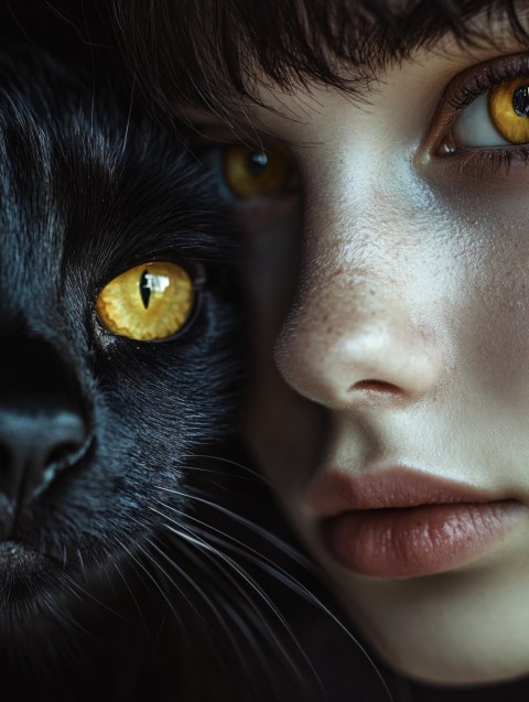 Halloween Portrait: Girl with Black Cat and Yellow Eyes