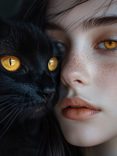 Halloween Portrait: Dark-Haired Girl and Black Cat