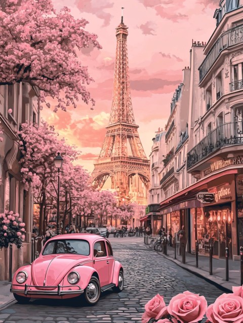 Paris Street Scene with Pink Roses and Beetle