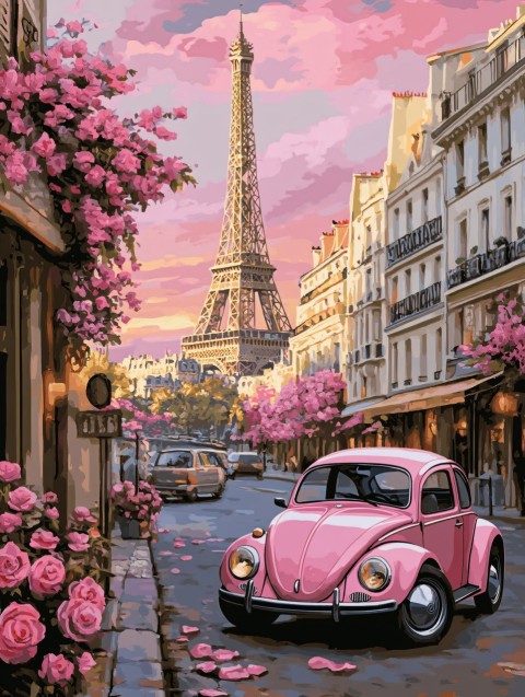 Paris Street Scene with Pink Beetle and Roses