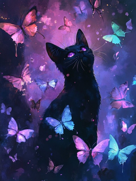 Black Cat and Glowing Butterflies in Anime Style