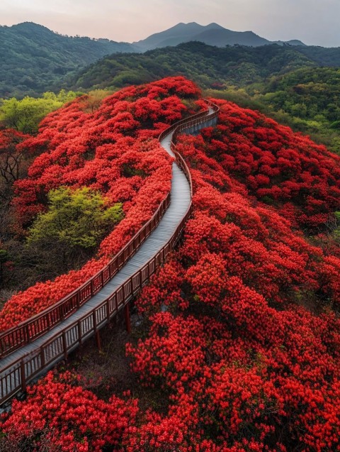 Aerial View of Red Azaleas on Hongshan