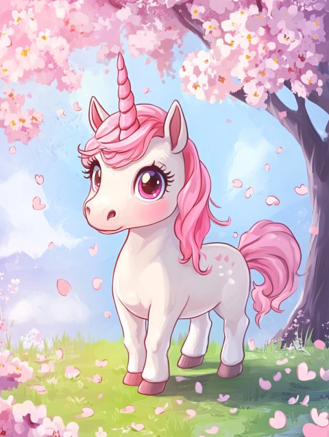 Cute Chibi Unicorn Surrounded by Cherry Blossoms