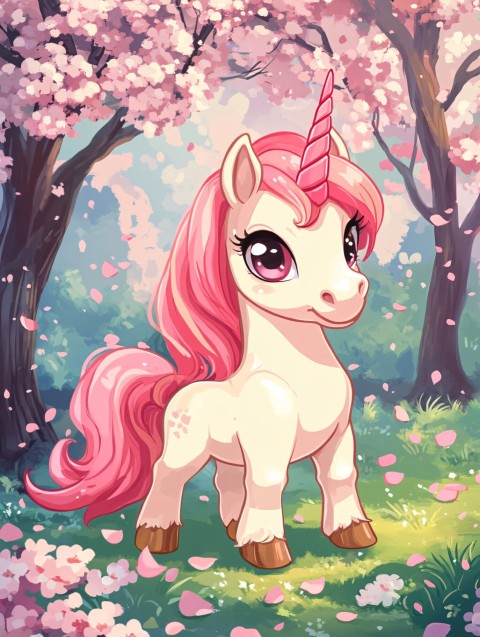 Charming Chibi Unicorn Amid Cherry Blossoms