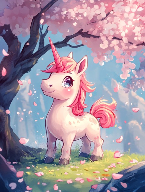 Adorable Chibi Unicorn Surrounded by Blossoms