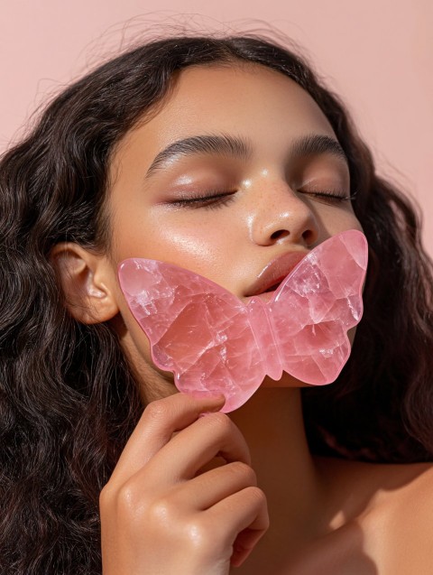 Woman Using Rose Quartz Gua Sha in Morning Light