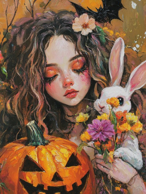 Girl with Rabbit and Flowers