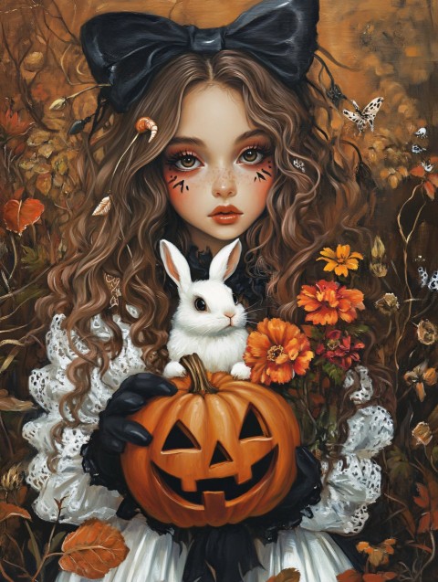 Halloween Art with Girl and Rabbit