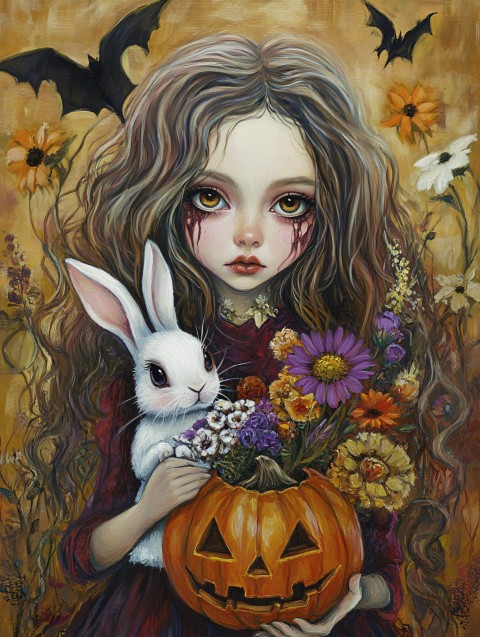 Halloween Girl with Rabbit and Flowers