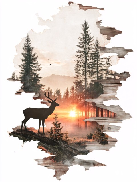 Sunrise Silhouette Deer with Amber Pine Glow