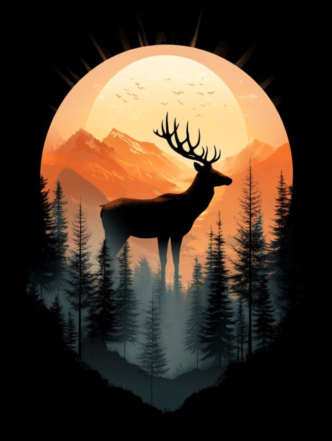 Deer Silhouette with Sunrise and Amber Pines