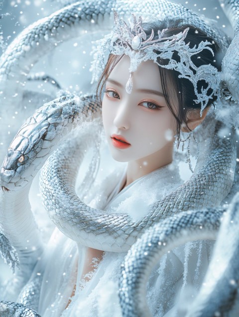 Woman in White Hanfu with Silver Snakes