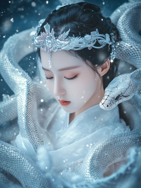 Ice Queen in White Hanfu with Silver Snakes