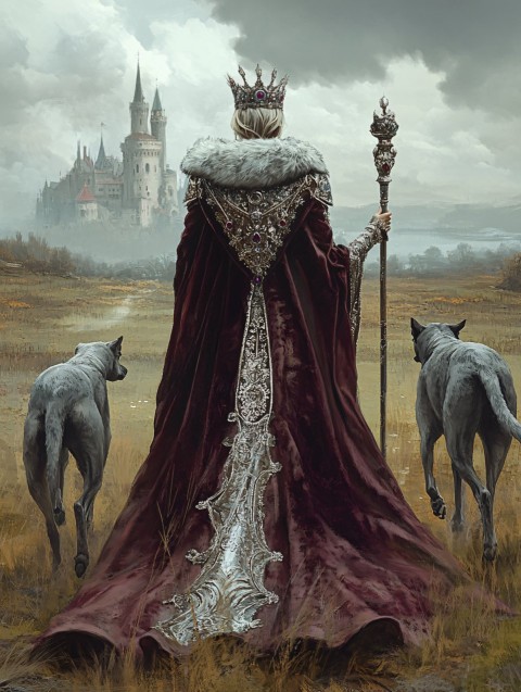 Majestic Medieval Queen Walking with Hounds in Field