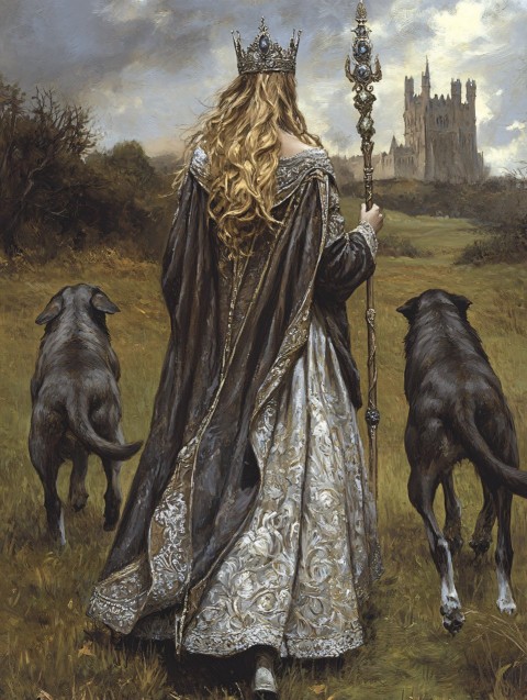 Medieval Queen Walking with Hounds Near Castle