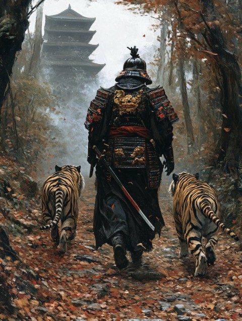 Samurai Warrior Walking with Tigers through Misty Forest