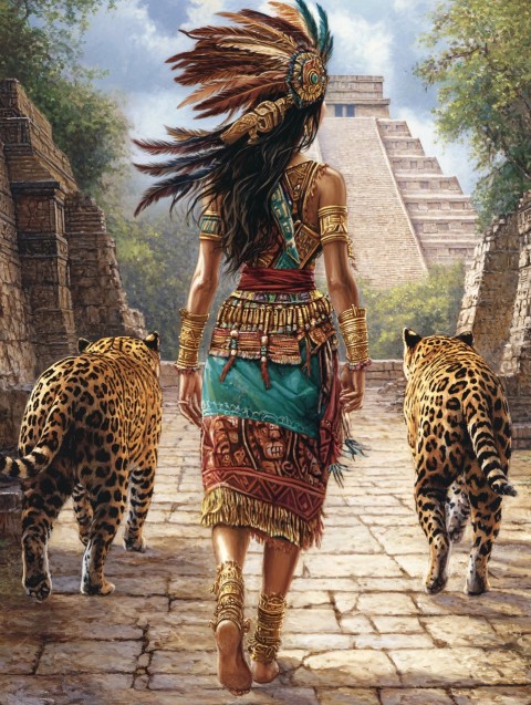 Aztec Priestess Walking with Jaguars near Ancient Pyramid