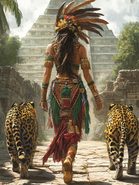 Aztec Woman Walking with Jaguars near Ancient Pyramid