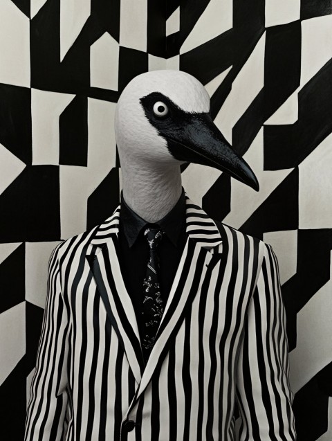 Bird-Faced Man in Futuristic Black and White Suit