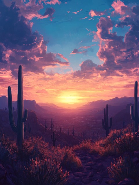 Dreamy Desert City with Cactus and Vibrant Sunset