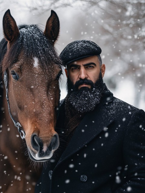 Turkish Man Posing with Horse in Snowy Scene