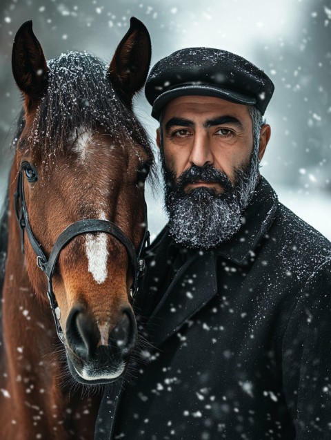 Turkish Man Posing with Horse in Snowy Winter Scene