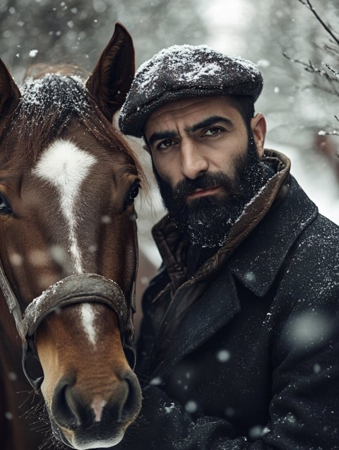 Turkish Man with Horse in Snowy Winter Portrait