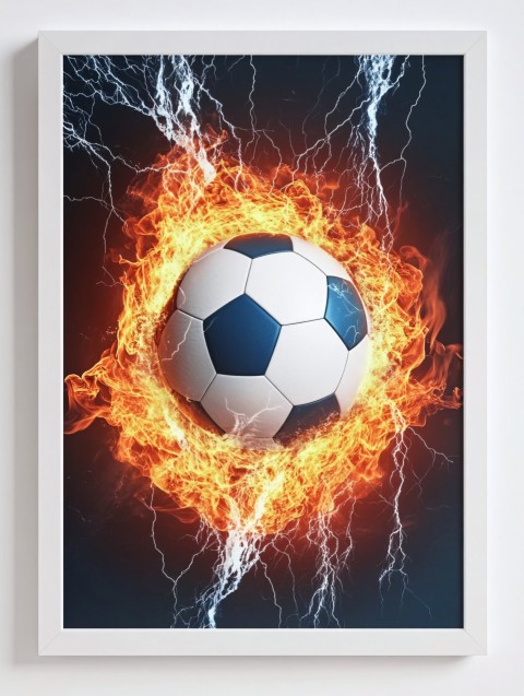 Fiery Soccer Ball with Water and Thunder Background