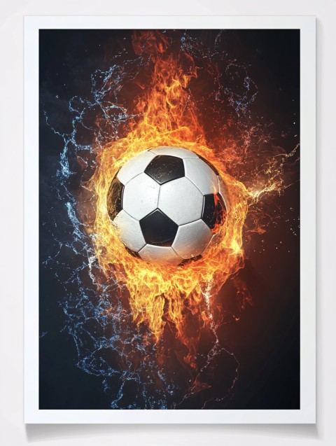 Fiery Soccer Ball with Water and Thunder Background