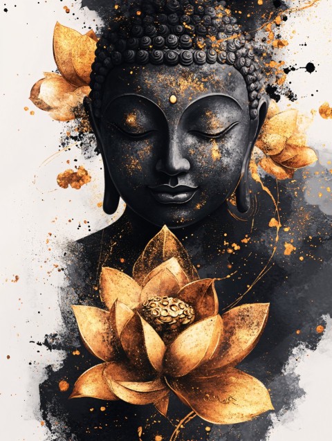 Buddha Face with Lotus Flowers and Gold Strokes