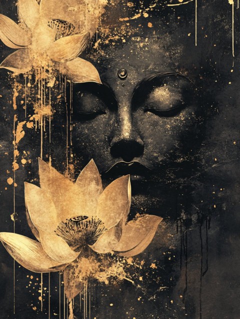 Buddha Face with Lotus Flowers and Gold Accents