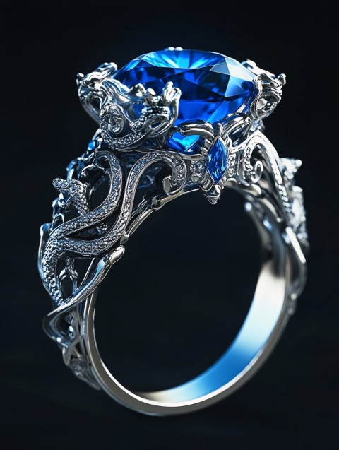 Diamond Ring with Blue Sapphire and Dragon Design