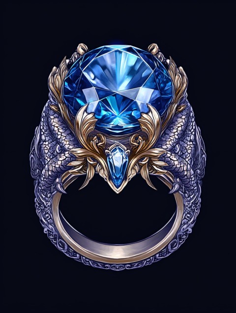 Diamond Ring with Blue Sapphire and Dragon Patterns