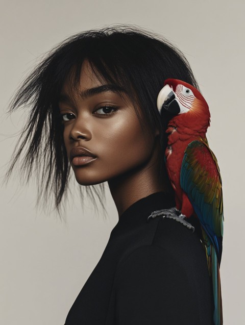 Black Woman with Scarlet Macaw Fashion Photography