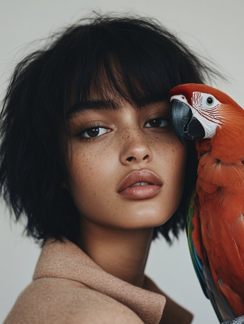 Black Woman with Scarlet Macaw in Fashion Photography