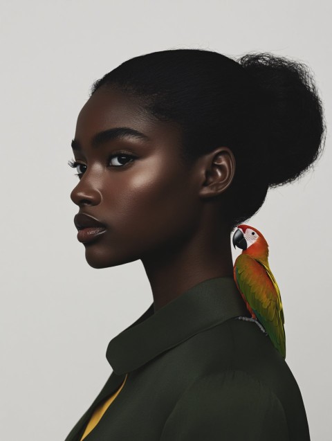 Black Woman with Scarlet Macaw Parrot in Fashion Photography