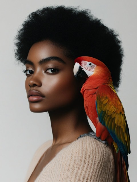 Black Woman with Scarlet Macaw Parrot Fashion Photography