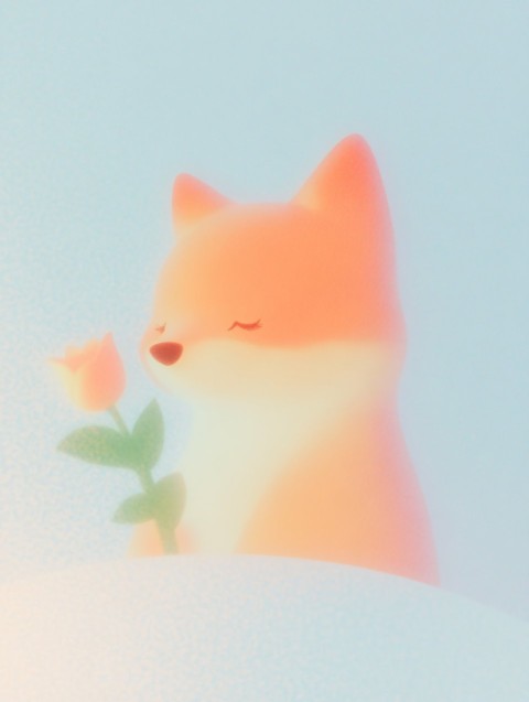 Chibi Fox Admiring Rose on Desert Planet