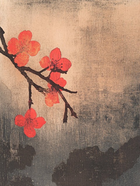 Red Cherry Blossom Japanese Aquatint Print with Kanji