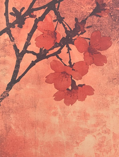 Red Cherry Blossom Aquatint Print with Kanji Signature