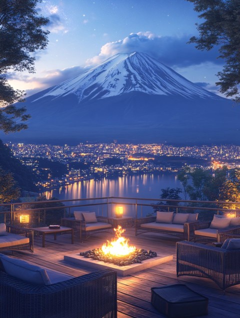 Rooftop Terrace with Mount Fuji Views at Night