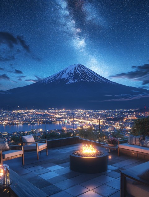 Rooftop Terrace with Mount Fuji and Lake View