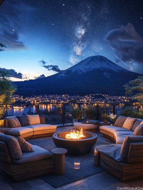 Rooftop Terrace with Mount Fuji View at Night