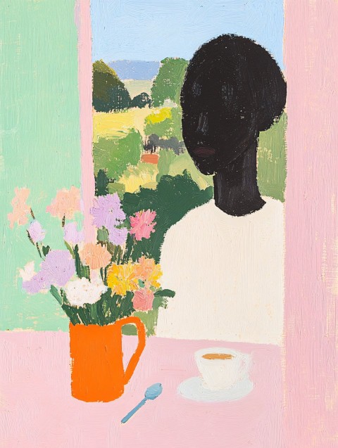 African Woman with Flowers in Watering Can Painting