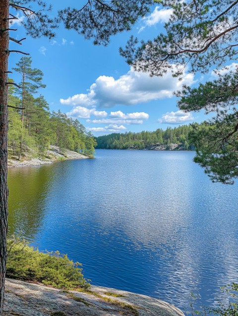 Sunny Day Lake with Bright Blue Sky Photo