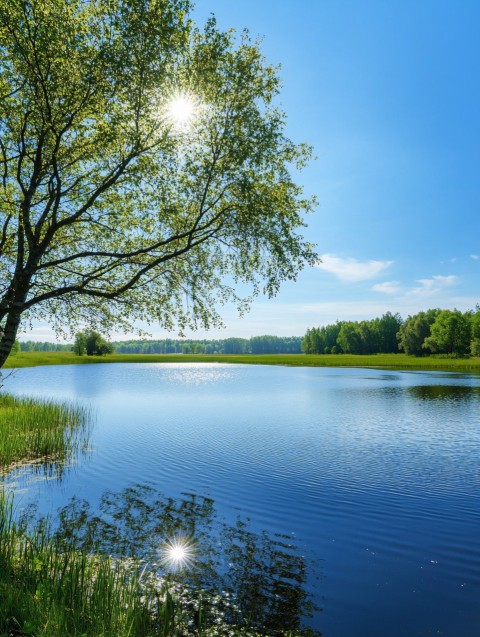 Sunny Day Lake with Clear Blue Sky Landscape