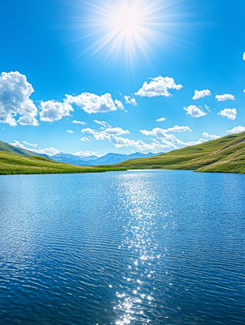 Sunny Day Lake with Bright Blue Sky