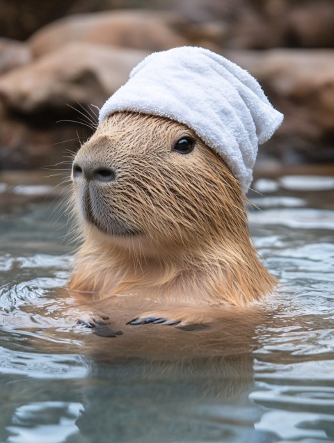 Capybara Cub Relaxing in Hot Spring with Towel