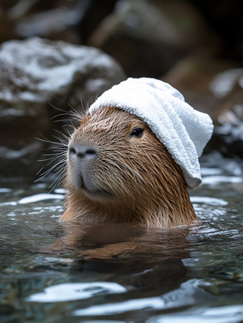 Capybara Cub Relaxing in Hot Spring with Towel